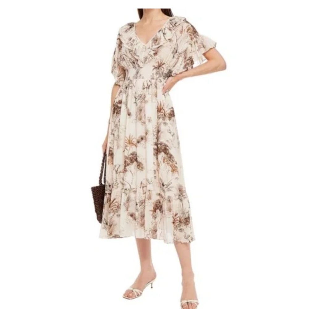 SANDRO Natural Marro Ruffled Printed Gauze Midi Dress EU 36 US S MSRP $245
